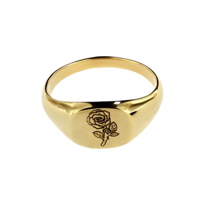 Sterling Silver Rose (Flower of Month) Signet Ring Over 18K Yellow Gold Plated