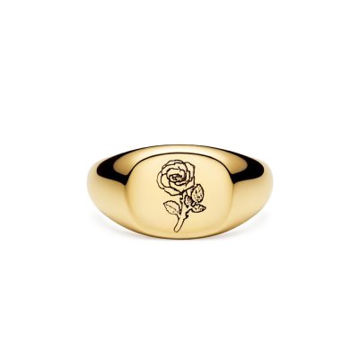 Sterling Silver Rose (Flower of Month) Signet Ring Over 18K Yellow Gold Plated