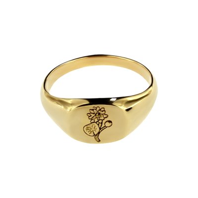 Sterling Silver Water lily (Flower of Month) Signet Ring Over 18K Yellow Gold Plated