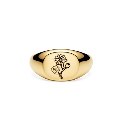 Sterling Silver Water lily (Flower of Month) Signet Ring Over 18K Yellow Gold Plated