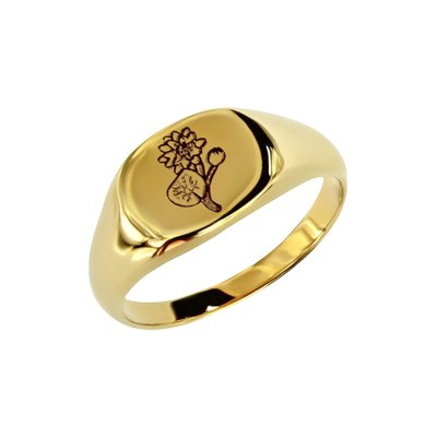 Sterling Silver Water lily (Flower of Month) Signet Ring Over 18K Yellow Gold Plated
