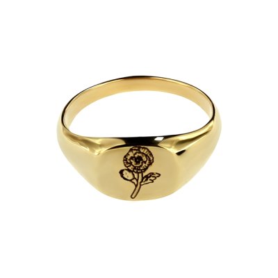 Sterling Silver Poppy (Flower of Month) Signet Ring Over 18K Yellow Gold Plated