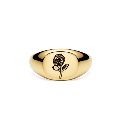 Sterling Silver Poppy (Flower of Month) Signet Ring Over 18K Yellow Gold Plated