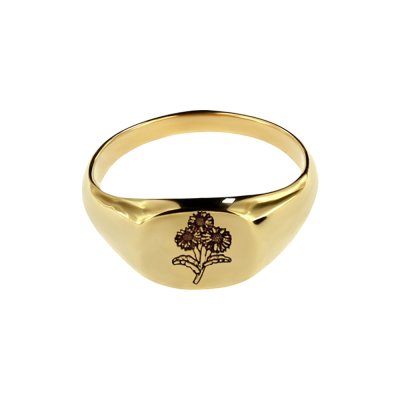 Sterling Silver Aster (Flower of Month) Signet Ring Over 18K Yellow Gold Plated
