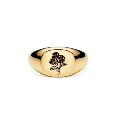 Sterling Silver Aster (Flower of Month) Signet Ring Over 18K Yellow Gold Plated