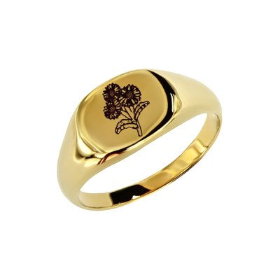 Sterling Silver Aster (Flower of Month) Signet Ring Over 18K Yellow Gold Plated