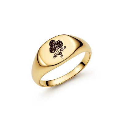 Sterling Silver Aster (Flower of Month) Signet Ring Over 18K Yellow Gold Plated