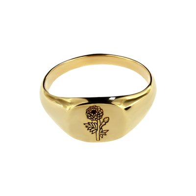 Sterling Silver Marigold (Flower of Month) Signet Ring Over 18K Yellow Gold Plated
