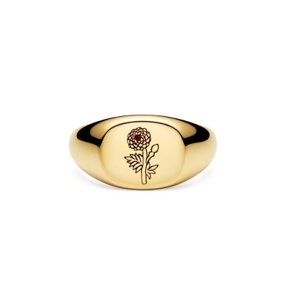 Sterling Silver Marigold (Flower of Month) Signet Ring Over 18K Yellow Gold Plated