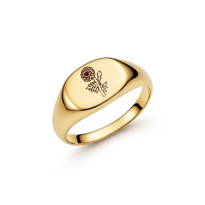 Sterling Silver Marigold (Flower of Month) Signet Ring Over 18K Yellow Gold Plated