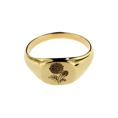 Sterling Silver Chrysanthemum (Flower of Month) Signet Ring Over 18K Yellow Gold Plated