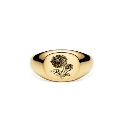 Sterling Silver Chrysanthemum (Flower of Month) Signet Ring Over 18K Yellow Gold Plated