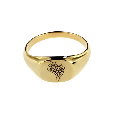 Sterling Silver Narcissus (Flower of Month) Signet Ring Over 18K Yellow Gold Plated