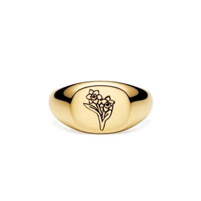 Sterling Silver Narcissus (Flower of Month) Signet Ring Over 18K Yellow Gold Plated