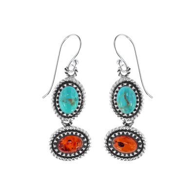 Sterling Silver  Turquoise With Amber Earrings