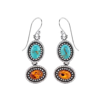 Sterling Silver  Turquoise With Amber Earrings