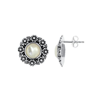 Sterling Silver Mother of Pearl Bali Flower Earrings