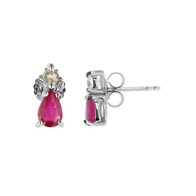 Sterling Silver Ruby & White Zircon Earrings