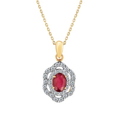 Sterling Silver Ruby With White Topaz Pendant Over 18K Yellow Gold Plated With Chain 18 Inches