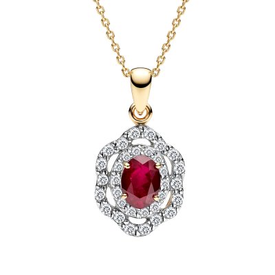 Sterling Silver Ruby With White Topaz Pendant Over 18K Yellow Gold Plated With Chain 18 Inches