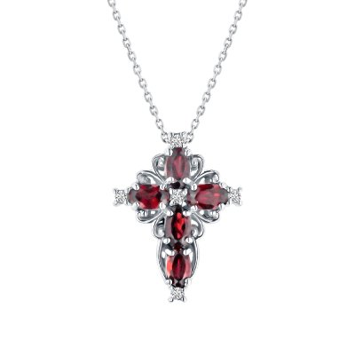 Sterling Silver Garnet Cross Pendant With Chain 18 Inches