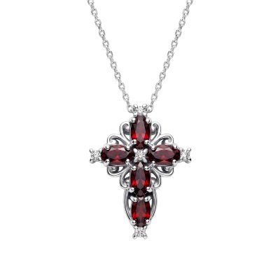Sterling Silver Garnet Cross Pendant With Chain 18 Inches