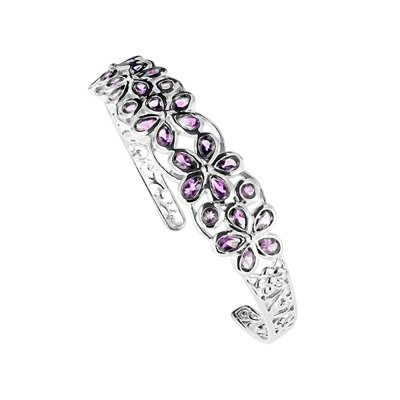Sterling Silver Amethyst Flower Garden Cuff Bangle 7.5 Inches