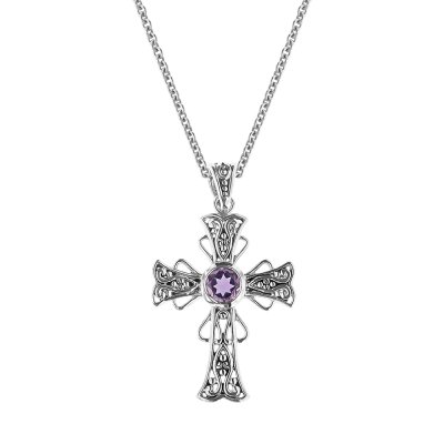 Sterling Silver Purple Amethyst Cross Pendant With Chain 18 Inches
