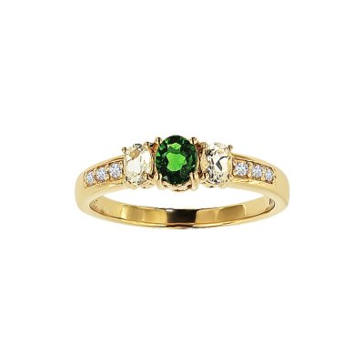 Sterling Silver Chrome Diopside and White Topaz Ring Over 18K Yellow Gold Plated
