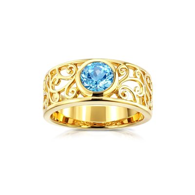 Sterling Silver Blue Topaz Filigree Ring Over 18K Yellow Gold Plated