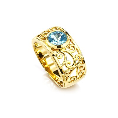 Sterling Silver Blue Topaz Filigree Ring Over 18K Yellow Gold Plated