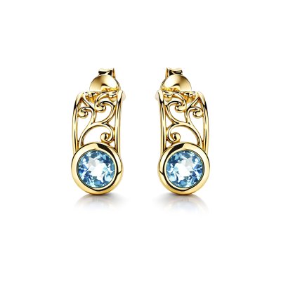 Sterling Silver Blue Topaz Filigree Earrings Over 18K Yellow Gold Plated