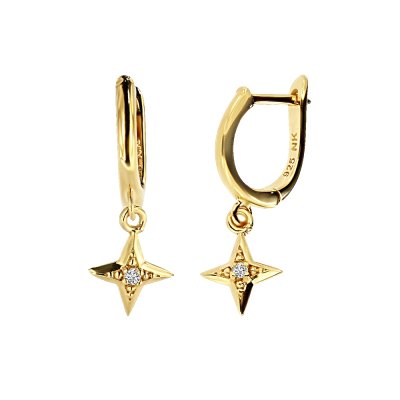 Sterling Silver White Cubic Zirconia Star Dangle Earrings Over 18K Yellow Gold Plated