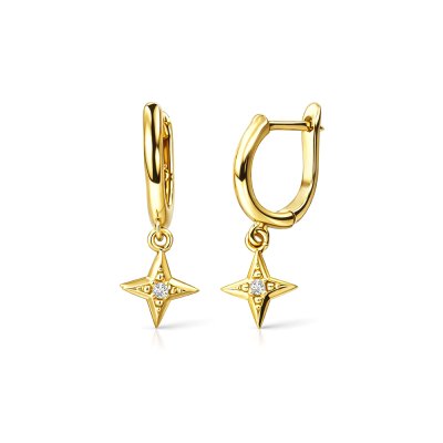 Sterling Silver White Cubic Zirconia Star Dangle Earrings Over 18K Yellow Gold Plated