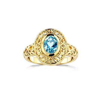 Sterling Silver Blue Topaz Filigree Ring Over 18K Yellow Gold Plated