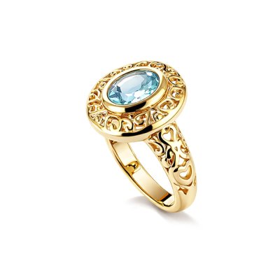 Sterling Silver Blue Topaz Filigree Ring Over 18K Yellow Gold Plated