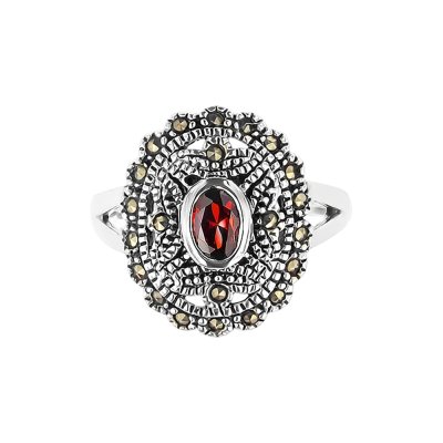 Sterling Silver Red Cubic Zirconia and Marcasite Ring