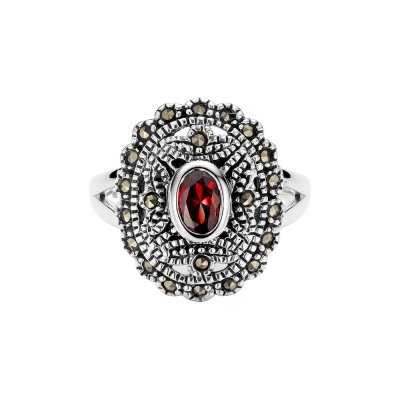 Sterling Silver Red Cubic Zirconia and Marcasite Ring