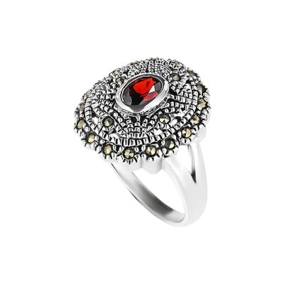 Sterling Silver Red Cubic Zirconia and Marcasite Ring