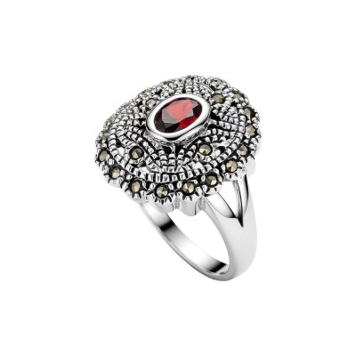 Sterling Silver Red Cubic Zirconia and Marcasite Ring