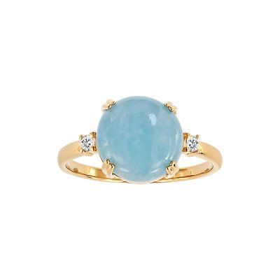 Sterling Silver Milky Aquamarine and White Topaz Ring Over 18K Yellow Gold Plated