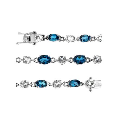 Sterling Silver London Blue Topaz and White Topaz Tennis Bracelet 7.25 Inches