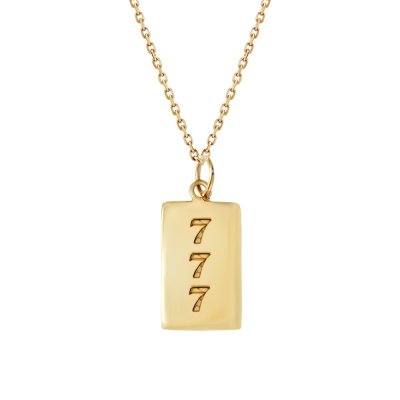 Sterling Silver Lucky Number Engraved Dog Tag Pendant Over 18K Yellow Gold Plated With Chain 18 Inches