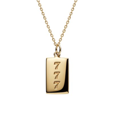 Sterling Silver Lucky Number Engraved Dog Tag Pendant Over 18K Yellow Gold Plated With Chain 18 Inches