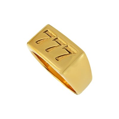 Sterling Silver Lucky Number Signet Ring Over 18K Yellow Gold Plated