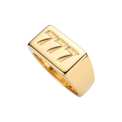 Sterling Silver Lucky Number Signet Ring Over 18K Yellow Gold Plated