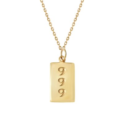 Sterling Silver Lucky Number Engraved Dog Tag Pendant Over 18K Yellow Gold Plated With Chain 18 Inches