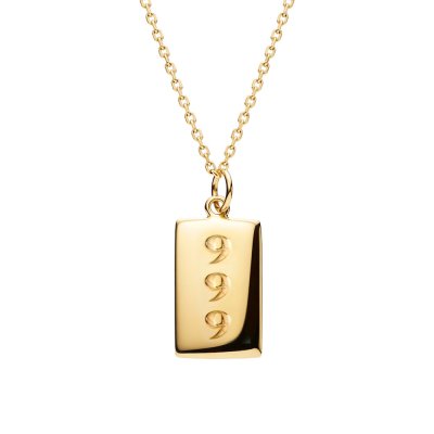 Sterling Silver Lucky Number Engraved Dog Tag Pendant Over 18K Yellow Gold Plated With Chain 18 Inches