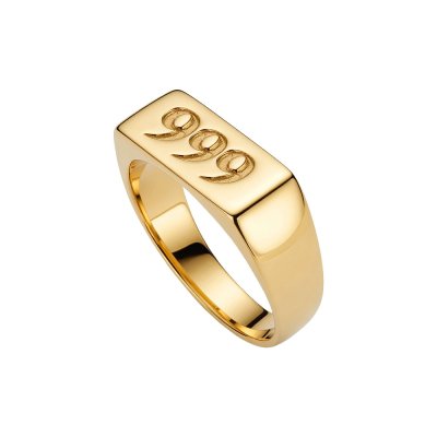 Sterling Silver Lucky Number Signet Ring Over 18K Yellow Gold Plated