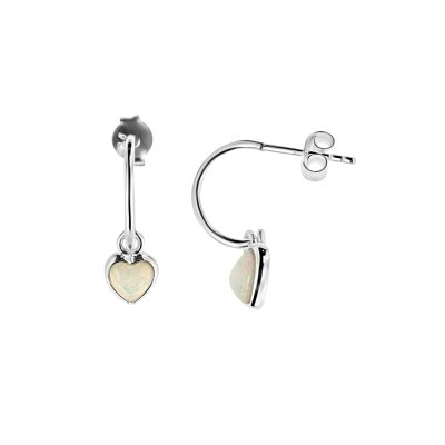 Sterling Silver Synthetic White Opal Heart Dangle Earrings